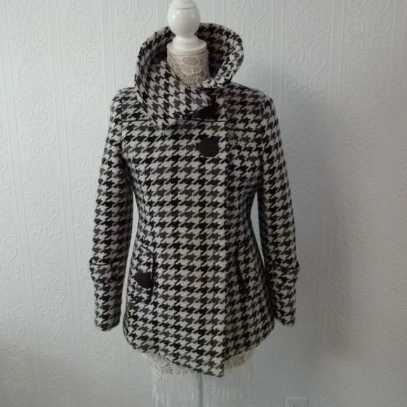 SOLD SOIA & KYO Houndstooth in Black / White/ gray coat jacket L missing button - Picture 5 of 8